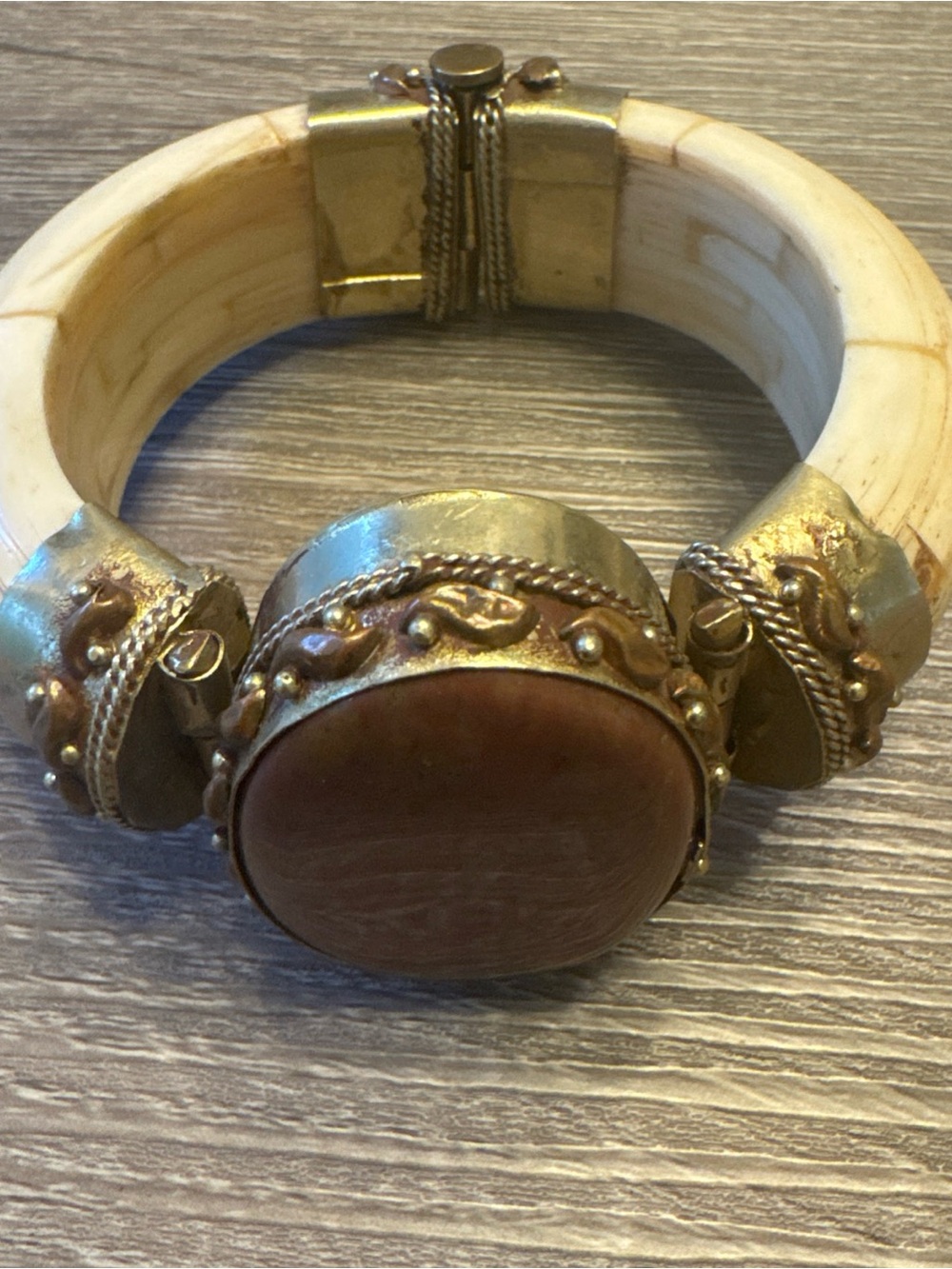 Vintage Buffalo Bone, Brass, & Agate Boho Unisex Bracelet W/pin Clasp 7”